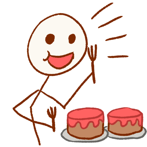 A drawing of a stick figure holding two forks and looking excited next to two cakes. 